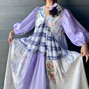 Cloudy Dress | Handmade V-Neck Patchwork Dress in Lilac Canvas | SKU 10043